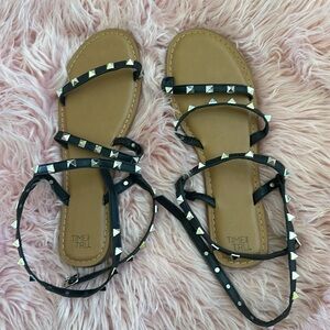 Time and Tru, black strap sandals with rhinestones and tan base